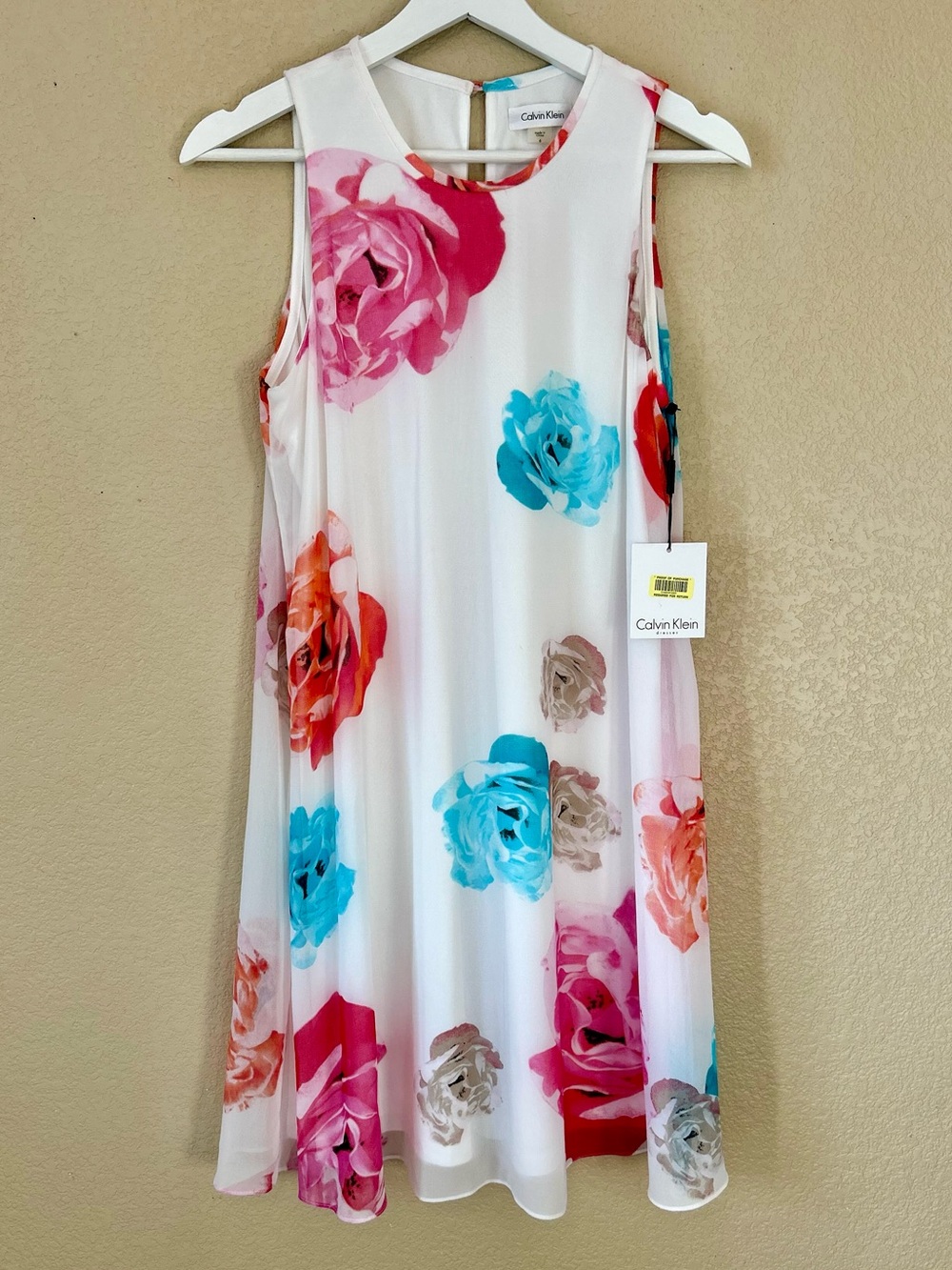 NWT Calvin Klein White Knee-Length Chiffon Lined Dress Multicolor Rose Print 6